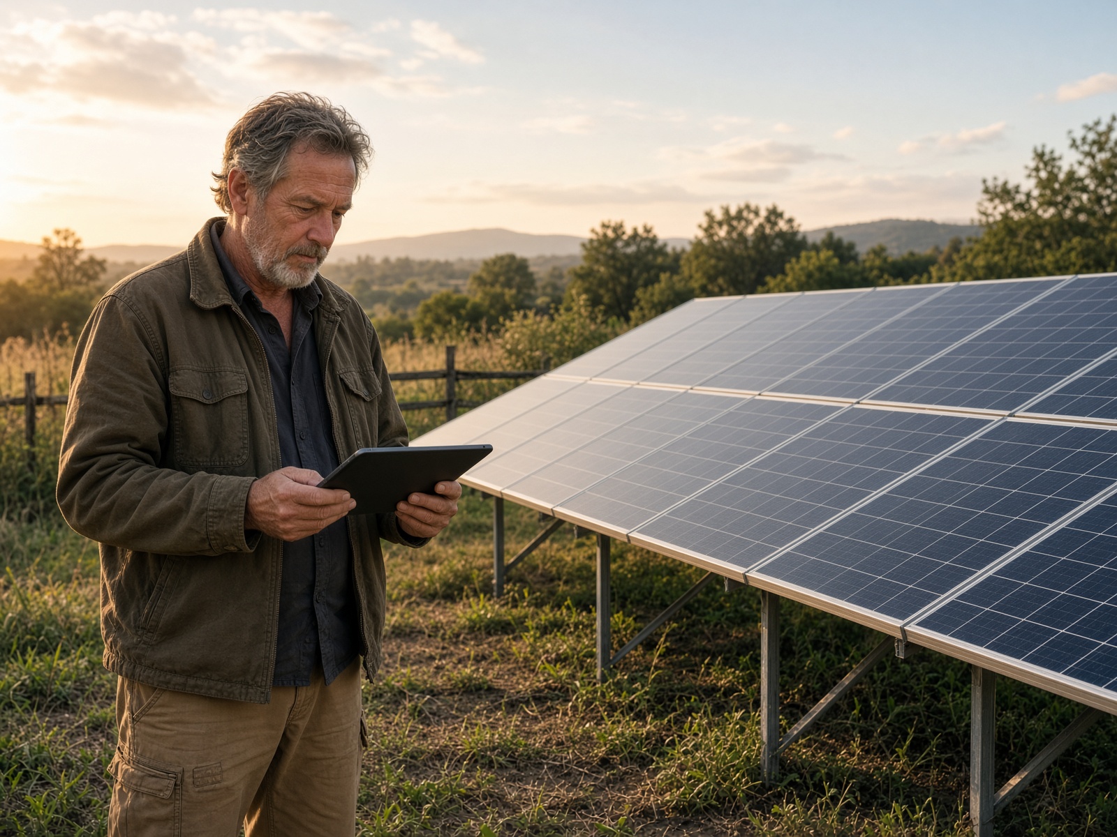 Consultant with a tablet beside a homestead solar array