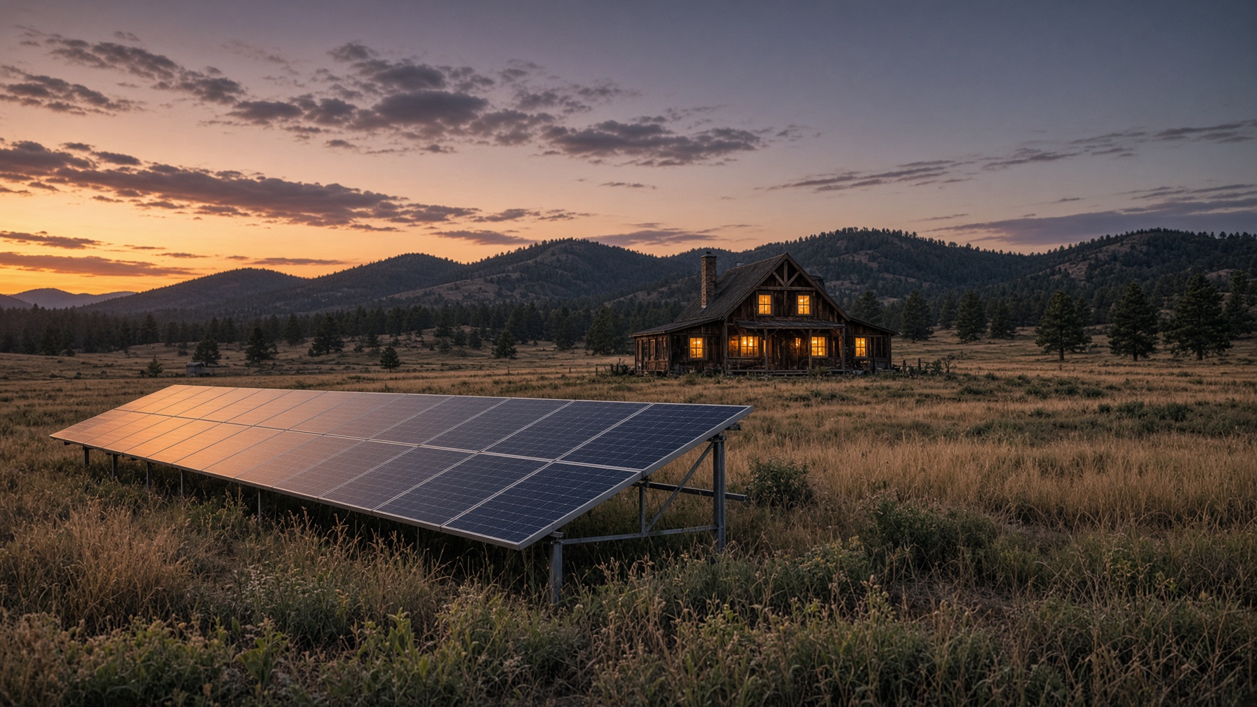 Rural homestead at dusk with a ground-mount solar array