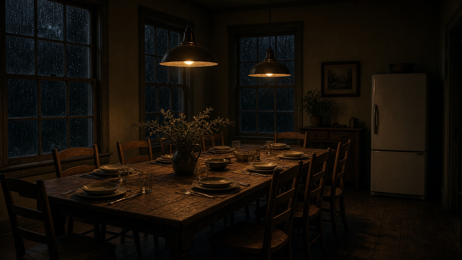 A homestead dining table set for a family meal, lamps on during a night storm